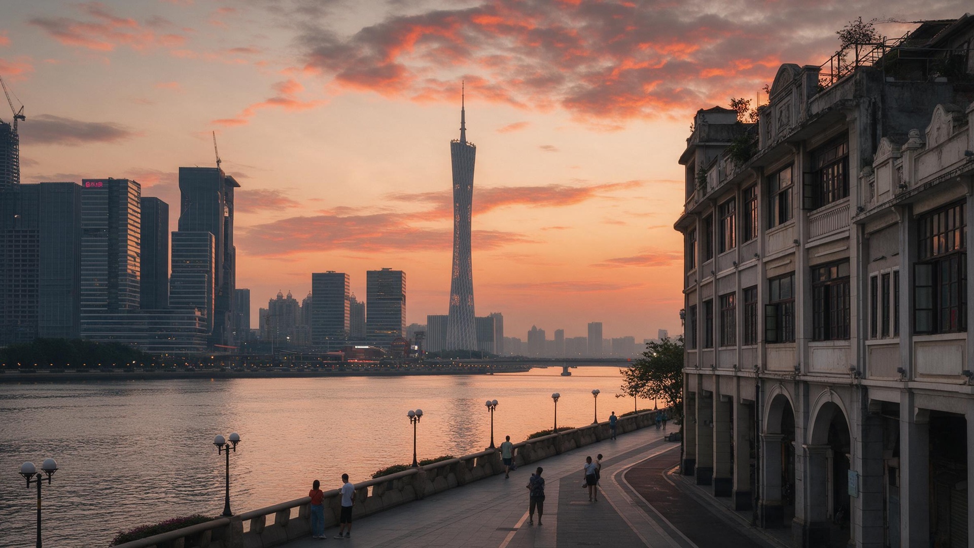 珠江边的广州城市风光与广州塔