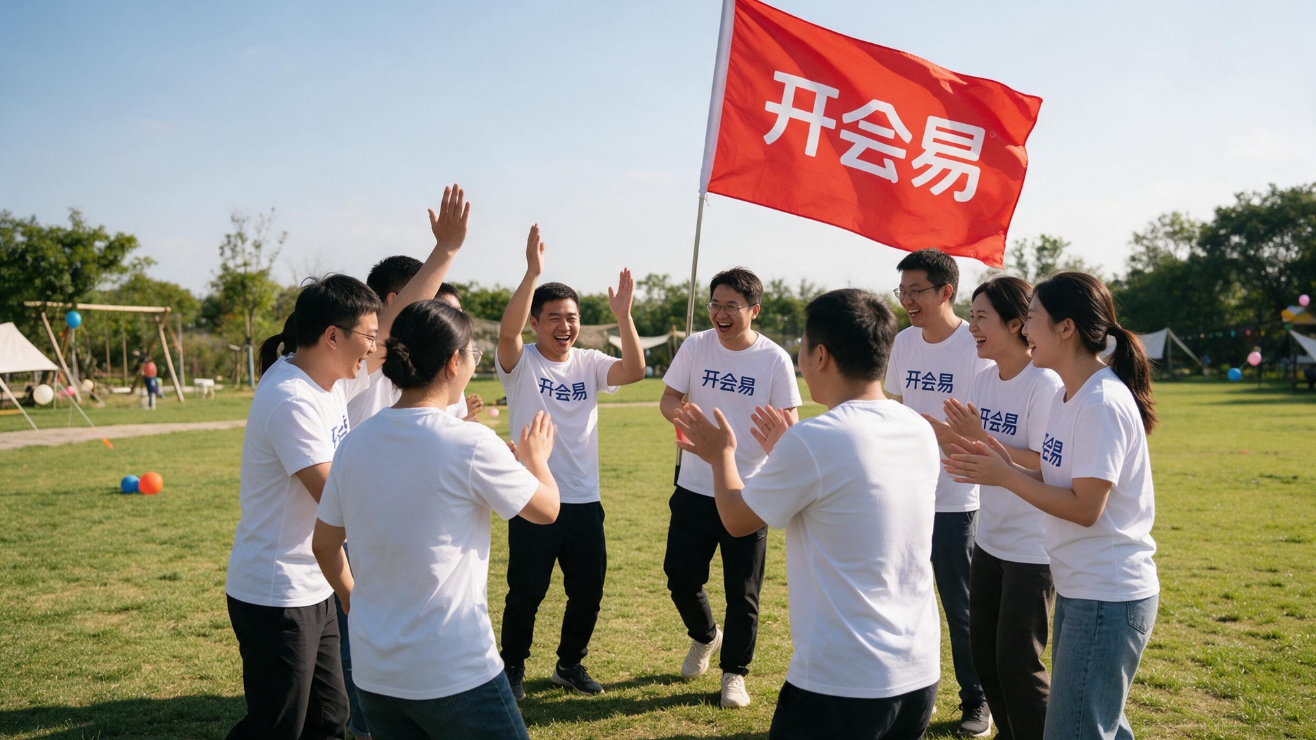 户外草坪上围成一圈的团队破冰活动